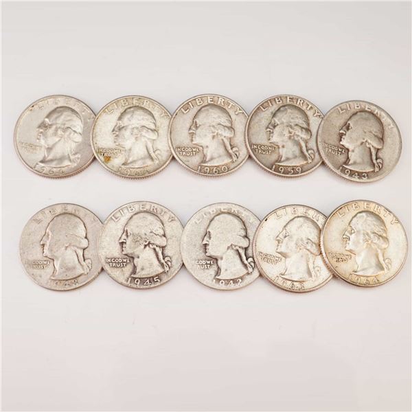 1942,1943,1945,1948,1960,1963,1964 Ten Washington Silver Quarter Circulated Coins