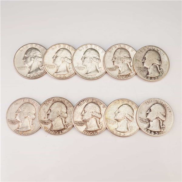 1942,1943,1951,1952,1956,1963,1964 Ten Washington Silver Quarter Circulated Coins