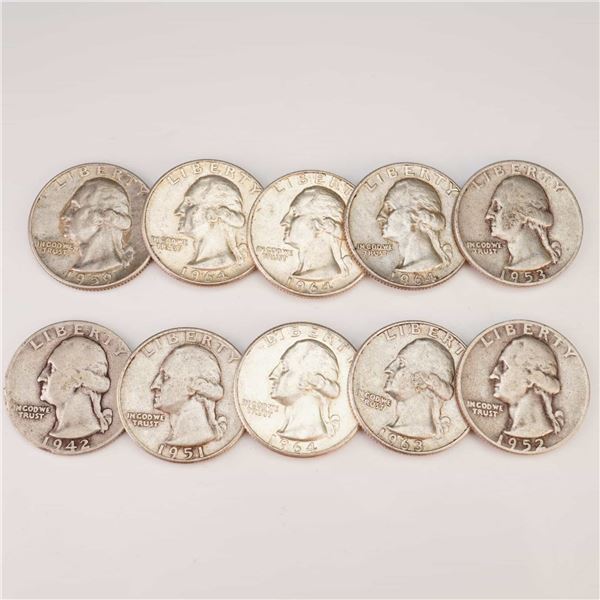 1942,1951,1952,1953,1959,1963,1964 Ten Washington Silver Quarter Circulated Coins