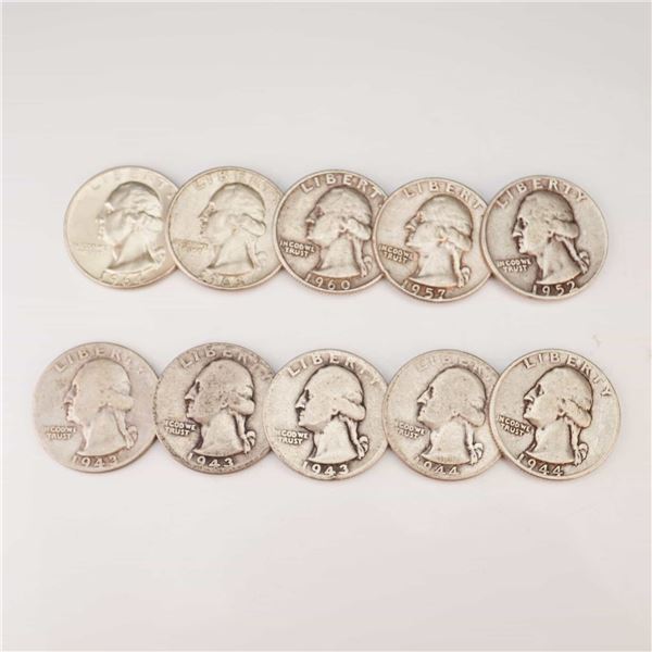 1943,1944,1952,1957,1960,1963,1964 Ten Washington Silver Quarter Circulated Coins