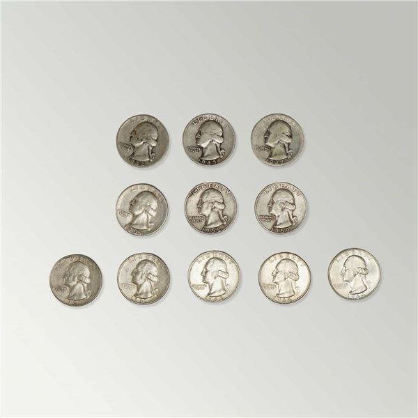 1943,1947,1955,1958,1959,1961,1963,1964 Ten Washington Silver Quarter Circulated Coins