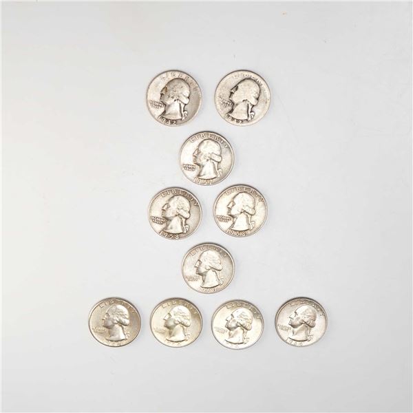 1943,1957,1958,1960,1964 Ten Washington Silver Quarter Circulated Coins