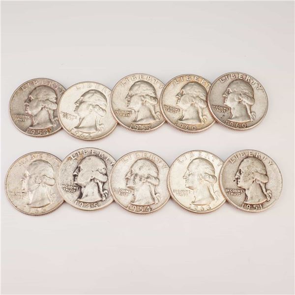 1945,1951,1954,1957,1960,1963,1964 Ten Washington Silver Quarter Circulated Coins