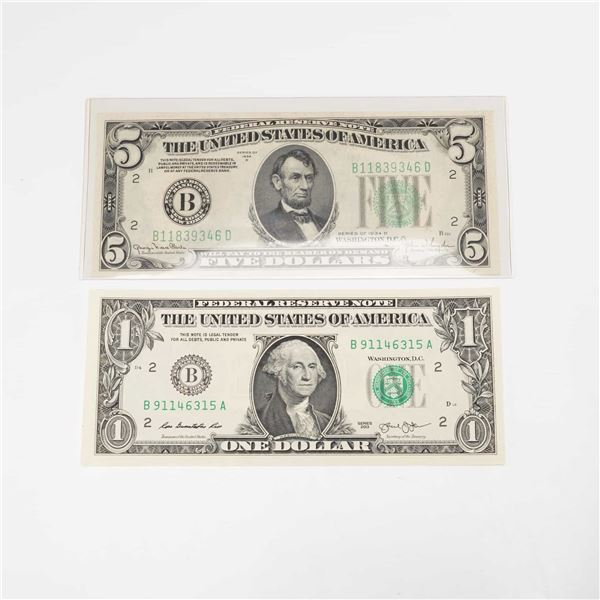 2pc 1934D, 2013 U.S. Federal Reserve One & Five Dollars Note