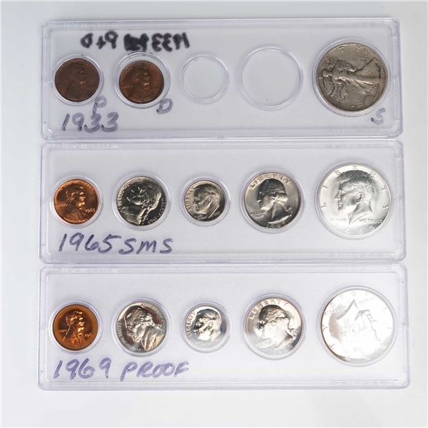3pc 1933, 1965, 1969 U.S. Mint Five-Coin Sets + Three-Coin