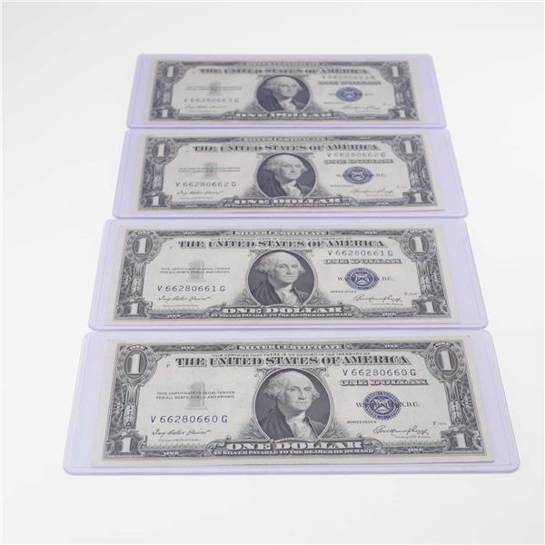 4pc 1935E U.S. Silver Certificate One Dollar Notes, Consecutive Numbers AU