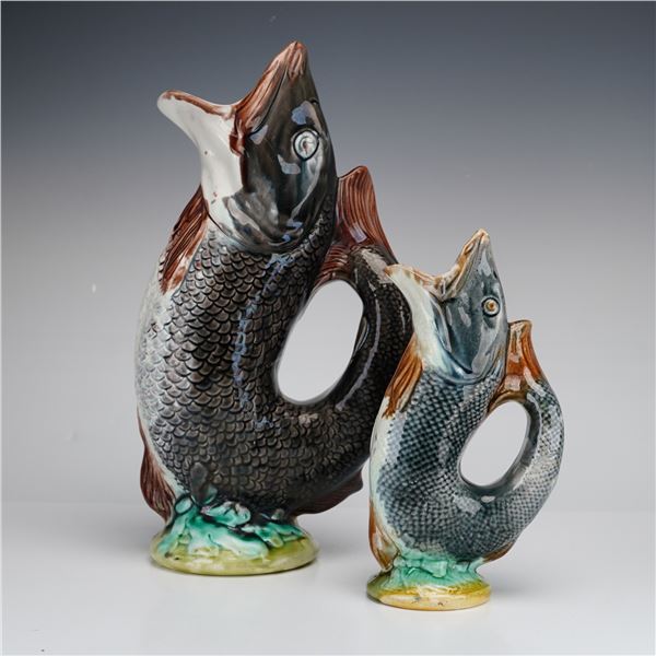 English Victorian Majolica Gurgling Fish Pitchers