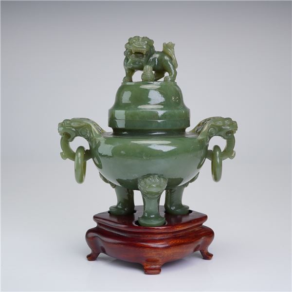 Chinese Spinach Green Jade Carved Lidded Censer with Wooden Stand