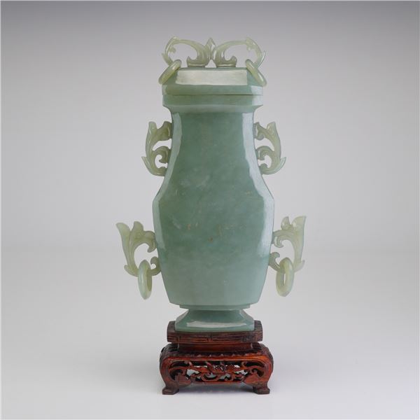 Chinese Jade Carved Lidded Vase with Wooden Stand