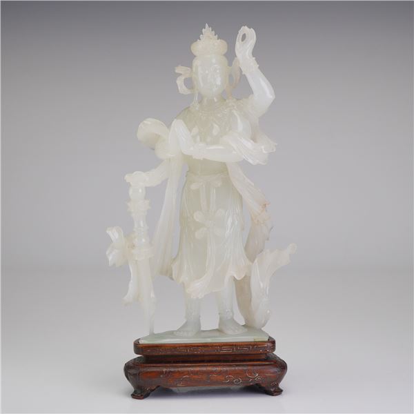 Chinese Carved White Jade Guanyin Figurine with Wooden Stand
