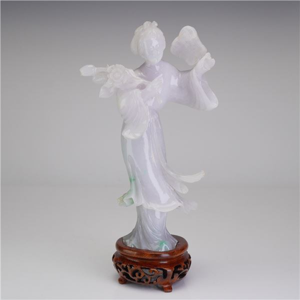 Chinese Lavender-Green Carved Jade Figurine with Stand