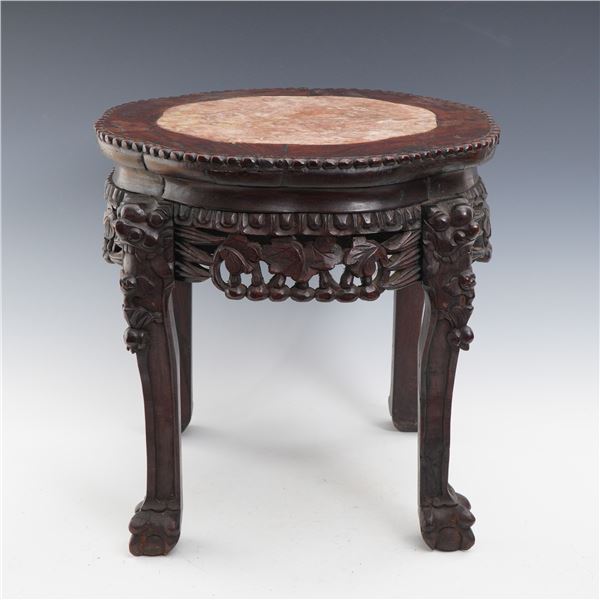 Chinese Carved Hardwood Marble Top Stand