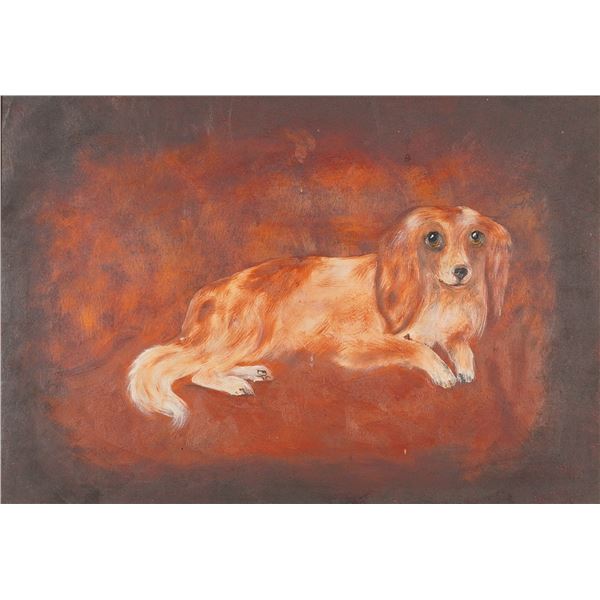 A Framed Folk Art Oil on Panel Portrait of a Long-Haired Dachshund
