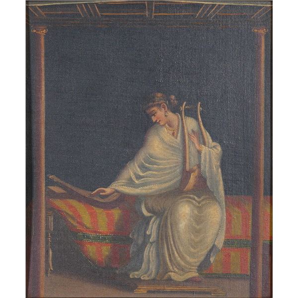 European School Oil on Board, Seated Woman with Kithara after Roman Fresco