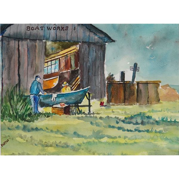 An Original Watercolor Painting of a Boat Yard, Signed Kontos