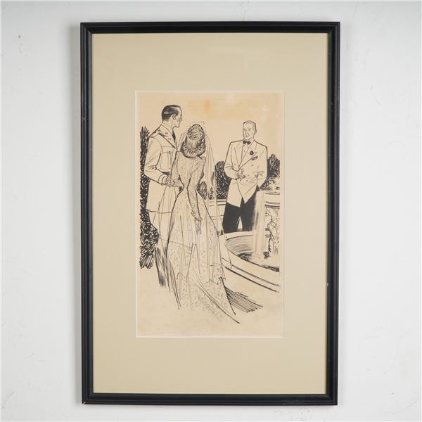Wayne Hall, Original Ink Drawing on Paper, Love Story, Signed
