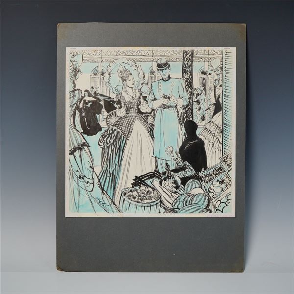 Wayne Hall Pen & Ink & Color Wash Drawing on Paper