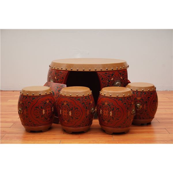 5pc Oriental Red Coromandel Drum Coffee Table with Stools