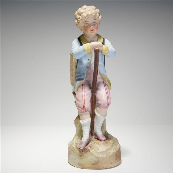 German Bisque Porcelain Figural Match Holder, Boy with Basket
