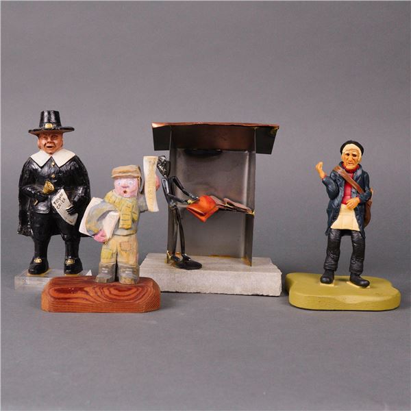 4 Folk Art Figurines & Metal Newspaper Stand on Stone Base