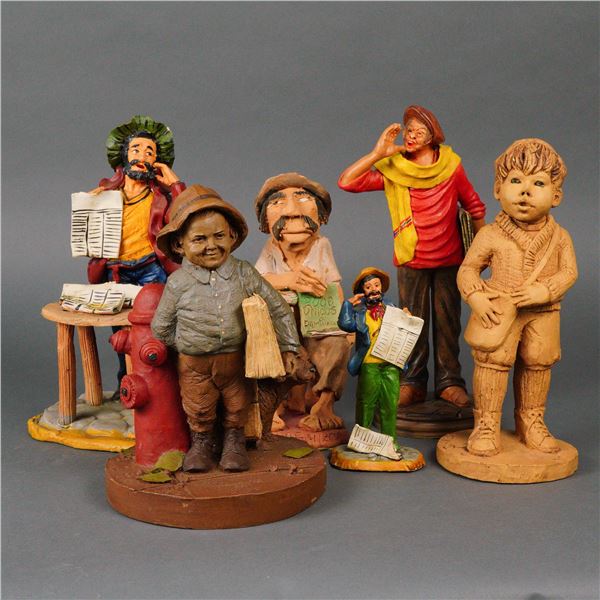 6pc International Earthenware & Carved Wood Folk Art Figurines