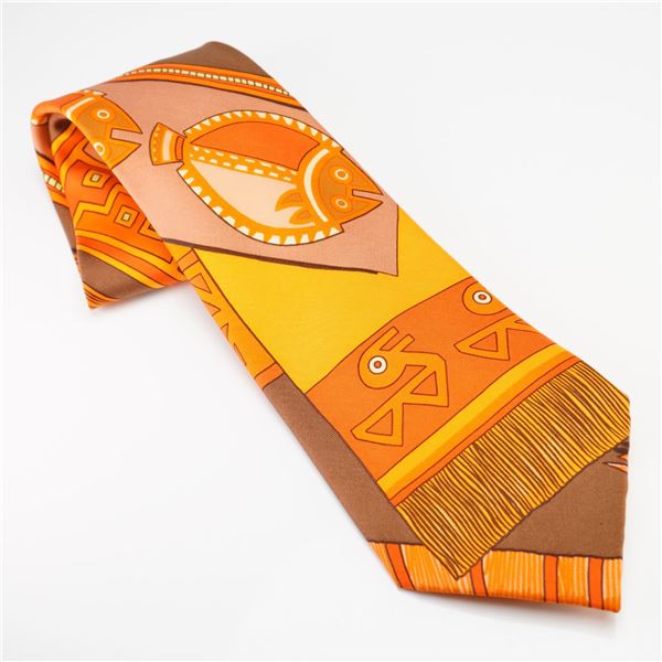 Hermes Paris Orange Silk Tie with Tribal Animal Motif