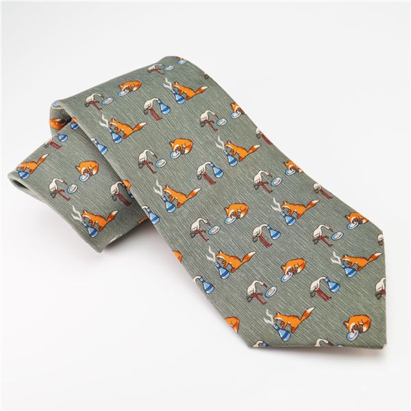 Hermes Paris Silk Tie, Fox and Stork Fable Print, Bird & Dog Patterned
