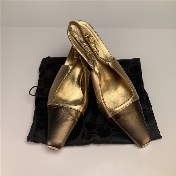 Pair of Gucci Two-Tone Gold and Bronze Metallic Leather Slingback Heels with Dust Bag