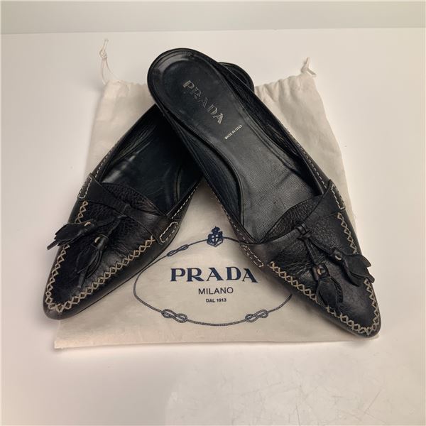 Pair of Prada Black Leather Pointed-Toe Contrast Stitch Mule Flats with Dust Bag