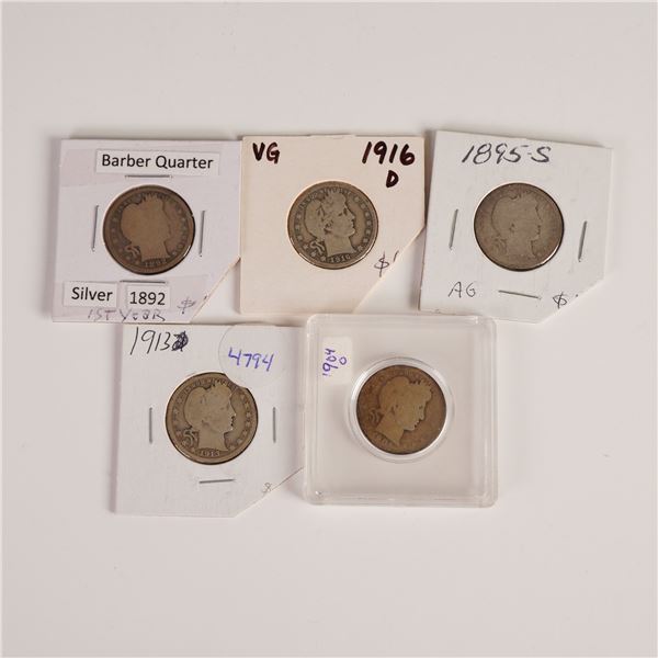 5pc 1892-1916 Barber Quarter Dollar Coins