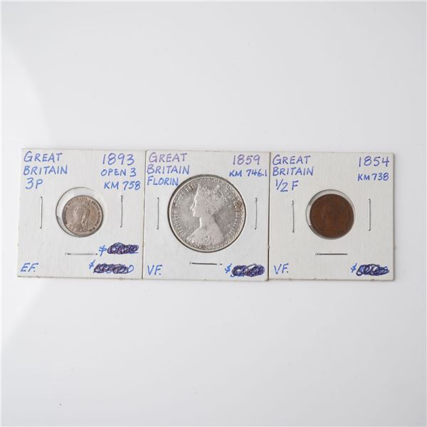 3pc 1854 to 1893 British Half Farthing, 3 Pence, & Gothic Type Florin