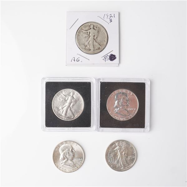 5pc 1921-S to 1941-S Walking Liberty & 1956 to 1961 Liberty Half Dollars