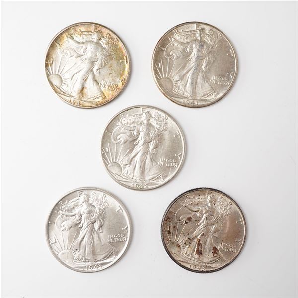 5pc 1941-1943 Walking Liberty Half Dollar Coins