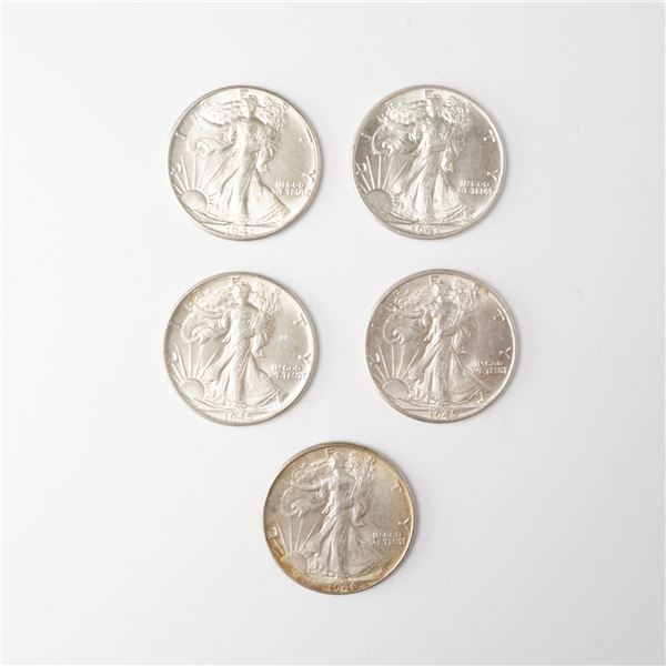 5pc 1946-1946 Walking Liberty Half Dollar Coins