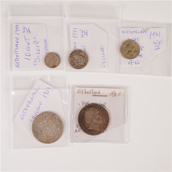 5pc Dutch 1863 Willem III & 1929 to 1944 Wilhelmina Coins