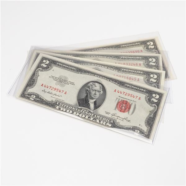 4pc 1953, 1953B, 1963 U.S. Red Seal Two Dollars Note