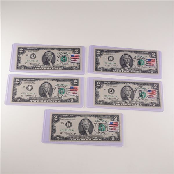 5pc 1976 U.S. Federal Reserve Two Dollar 1st Day Issue, Consecutive Notes