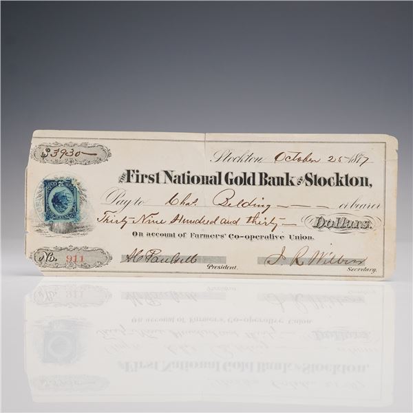 1877 First National Gold Bank of Stockton Check