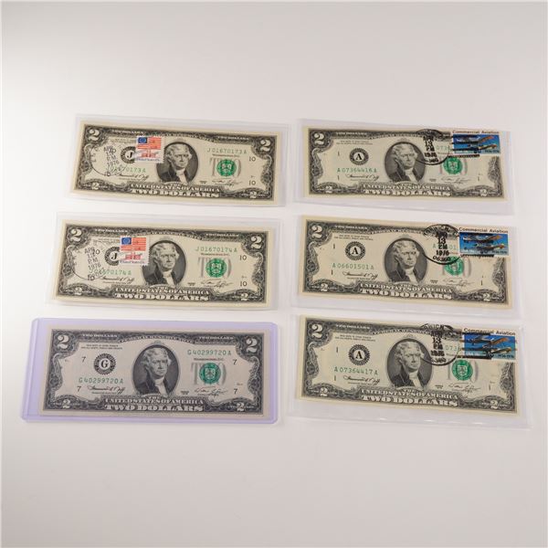 6pc 1976 U.S. Federal Reserve Two Dollar Notes including 1st Day Issues