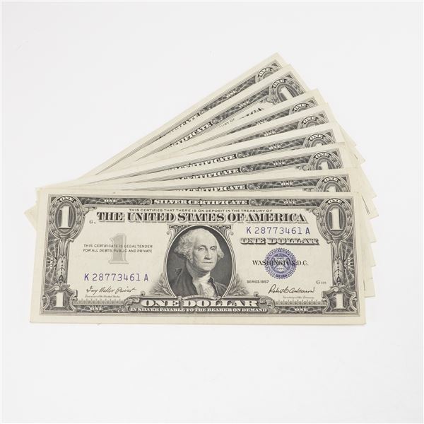 10pc 1957, 1957A U.S. Silver Certificate One Dollar Notes