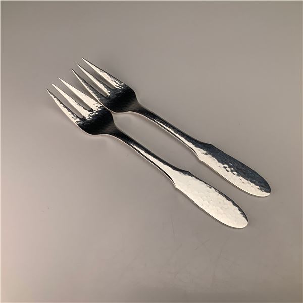 A Pair of Georg Jensen Denmark EPNS Mermaid Pattern Hammered Fish Forks
