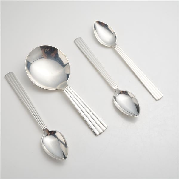 Four Georg Jensen Denmark Sterling Silver Bernadotte Pattern Individual Teaspoons and Small Round Se