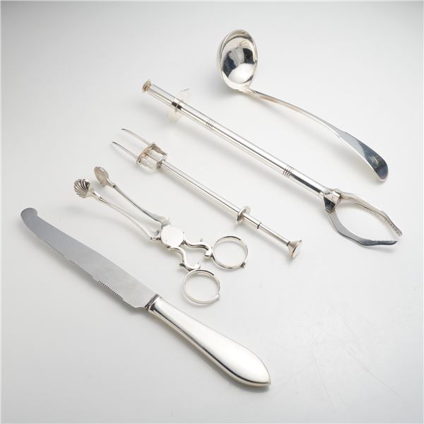 5pc Assorted Silverplate and Sterling Silver Serving Utensils including Tiffany and Co. Serrated Kni