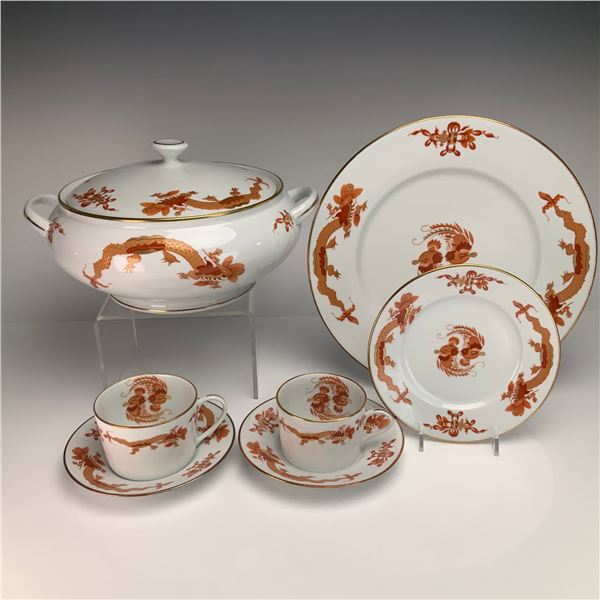 7pc Raynaud Limoges Porcelain Red Dragon Dinnerware Set
