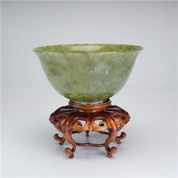 Chinese Carved Spinach Jade Bowl with Wooden Stand