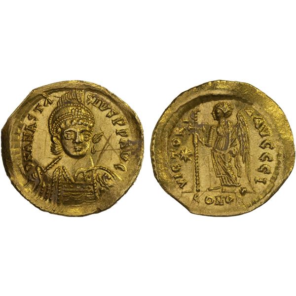 BYZANTINE EMPIRE: Anastasius I, 491-518, AV solidus (4.22g), Constantinople, AU