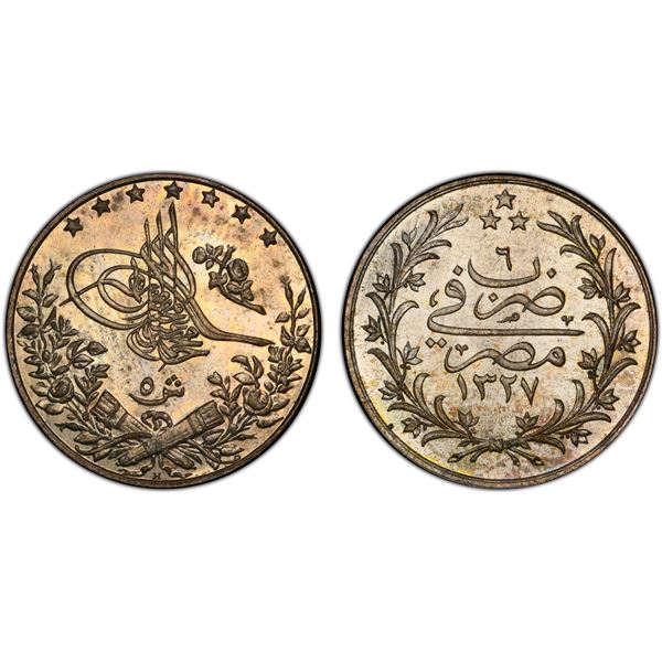 EGYPT: Muhammad V, 1909-1914, AR 5 qirsh, Misr, AH1327 year 6-H, PCGS Specimen 65