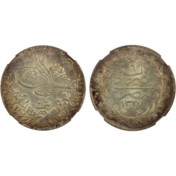 EGYPT: Muhammad V, 1909-1914, AR 20 qirsh, Misr, AH1327 year 6-H, NGC MS64 +