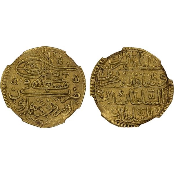 TURKEY: Mustafa II, 1695-1703, AV sultani (ashrafi), Ordu-yu Humayun, NGC AU58