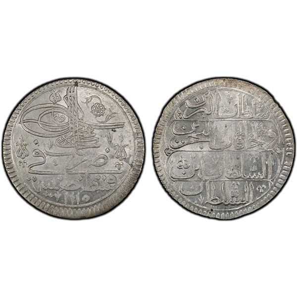 TURKEY: Ahmed III, 1703-1730, AR kurush, Kostantiniye, AH1115, PCGS MS64